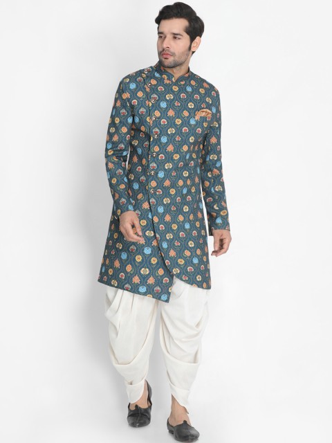 

VASTRAMAY Men Blue & White Printed Sherwani With Dhoti Pants