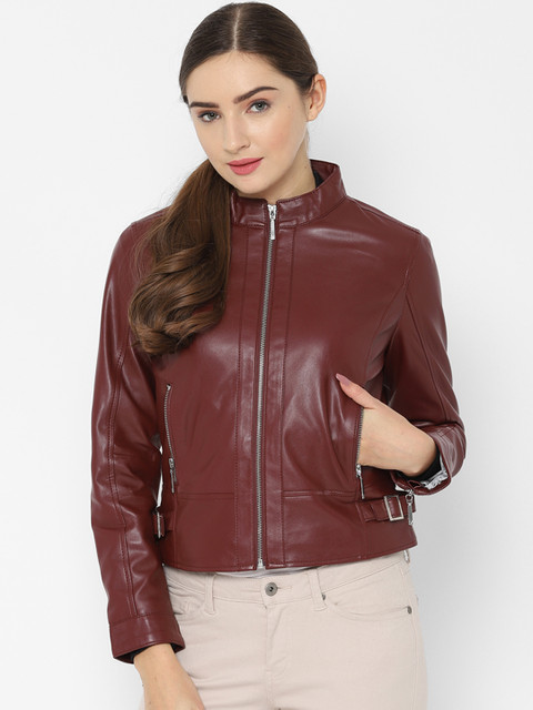 

Allen Solly Women Solid Biker Jacket Jacket, Brown