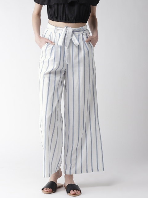 

QUIERO Women White & Blue Striped Wide Leg Palazzos
