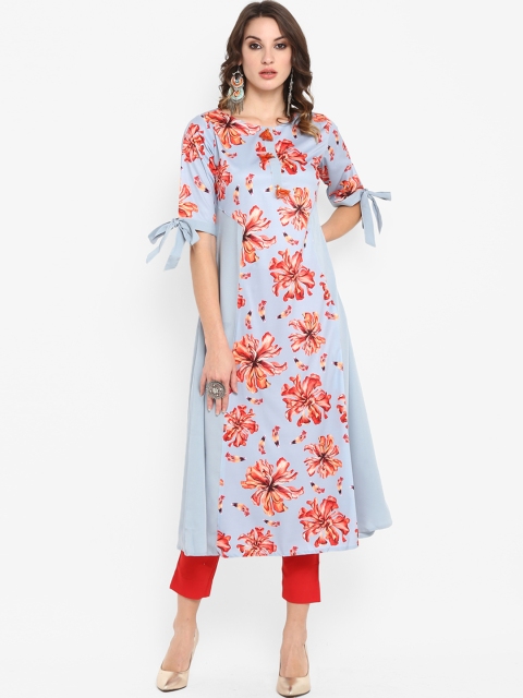 

Janasya Women Blue & Grey Floral Print A-Line Kurta