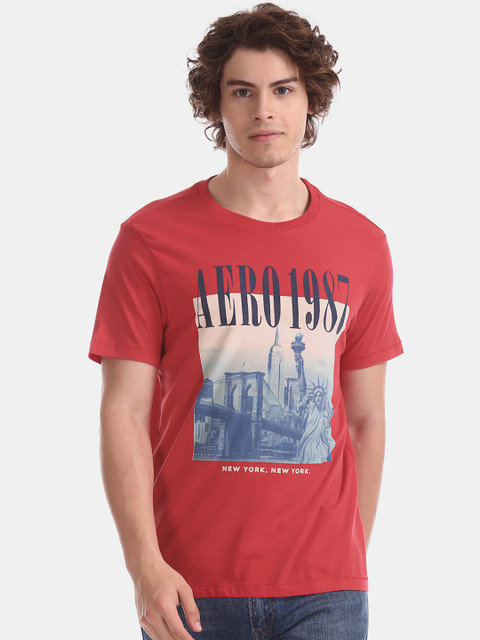 

Aeropostale Men Red Blue Printed Round Neck Pure Cotton T-shirt