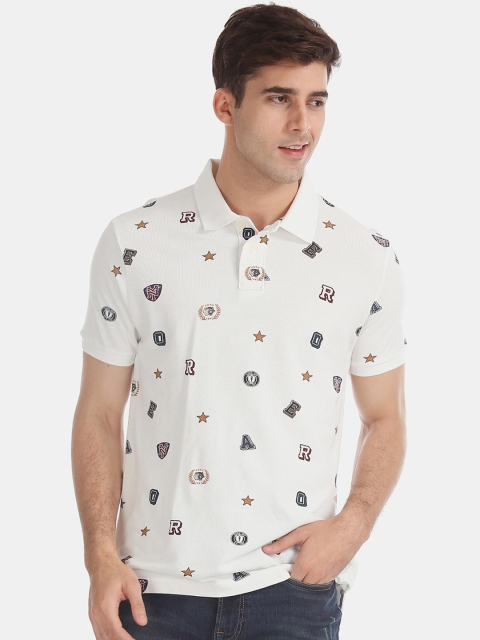 

Aeropostale Men White & Blue Printed Polo Collar T-shirt
