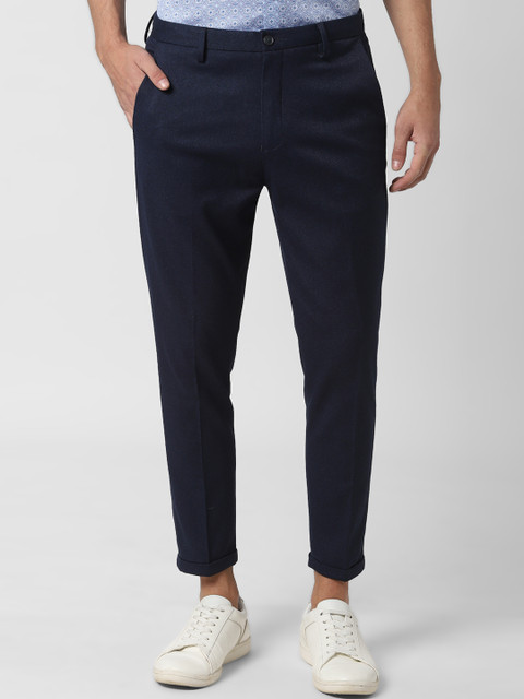 

Peter England Men Navy Blue Tapered Fit Self Design Regular Trousers