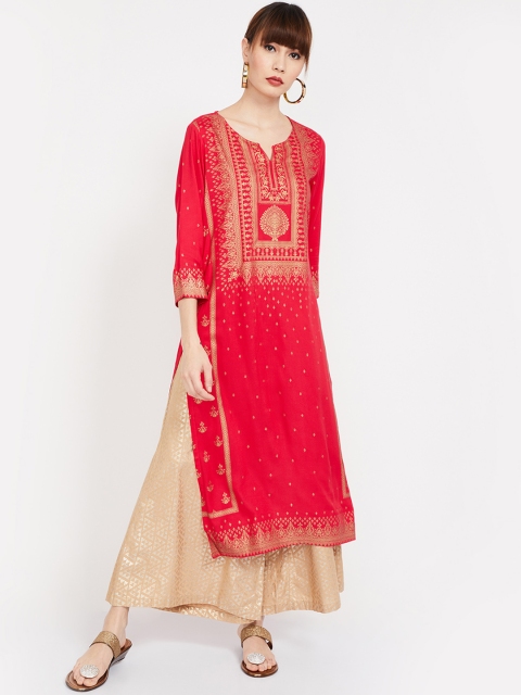 

Melange by Lifestyle Women Coral Pink Printed Straight Kurta