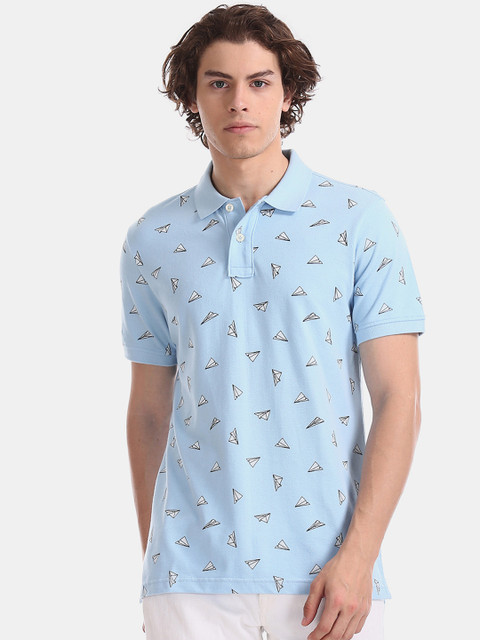 

Aeropostale Men Blue Black Printed Polo Collar Pure Cotton T-shirt