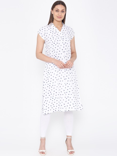 

PHWOAR Women White & Blue Floral Printed Straight Kurta