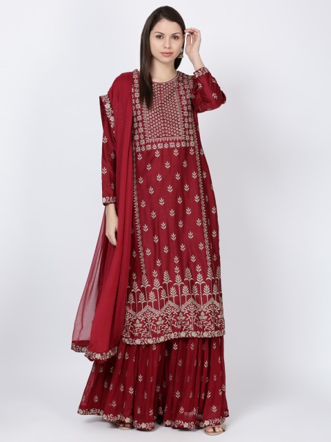 

Soch Women Maroon & Gold-Toned Embroidered Kurta with Sharara & Dupatta