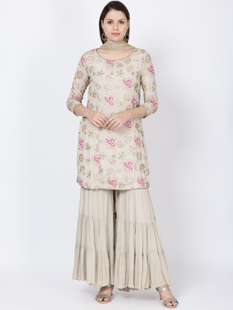 

Soch Women Grey & Pink Embroidered Kurta with Sharara & Dupatta