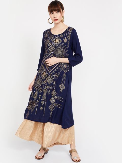

Melange by Lifestyle Women Navy Blue & Gold-Toned Printed A-Line Kurta