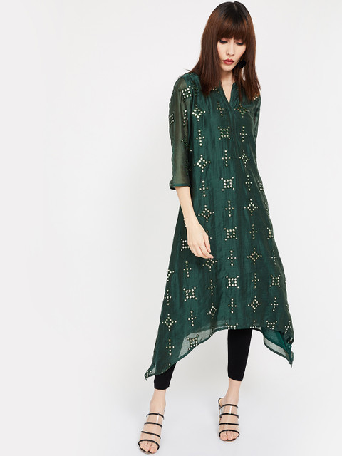 

Melange by Lifestyle Women Green Embroidered A-Line Kurta