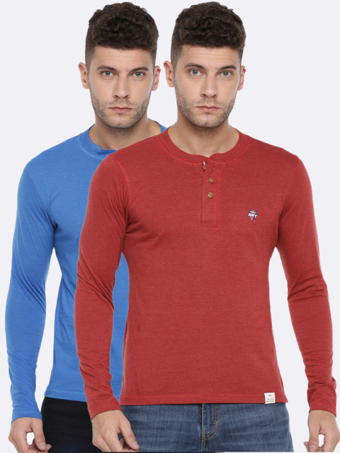 

Force NXT Men Pack of 2 Solid Mandarin Collar T-shirt, Red