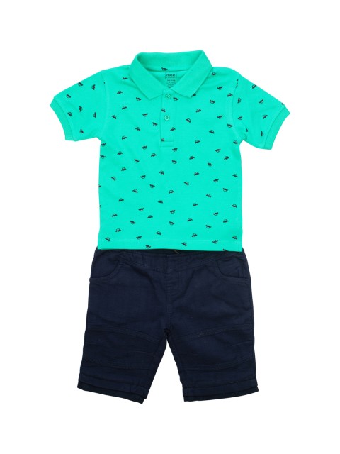 

MeeMee Boys Sea Green & Navy Blue Printed T-shirt with Shorts