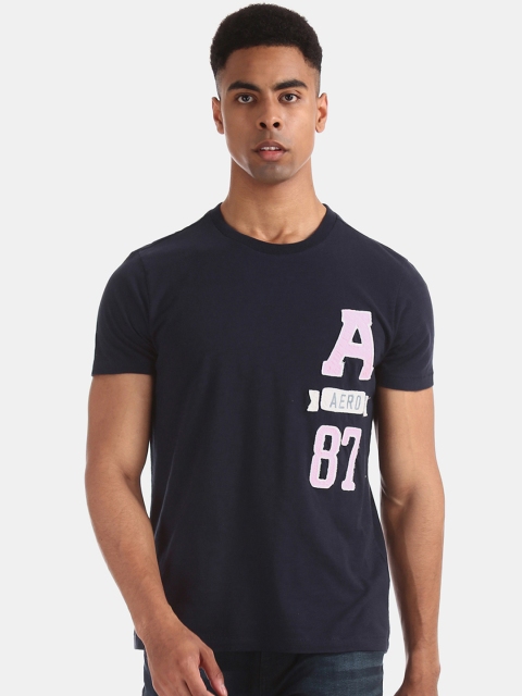 

Aeropostale Men Navy Blue Solid Round Neck T-shirt with Applique Detail