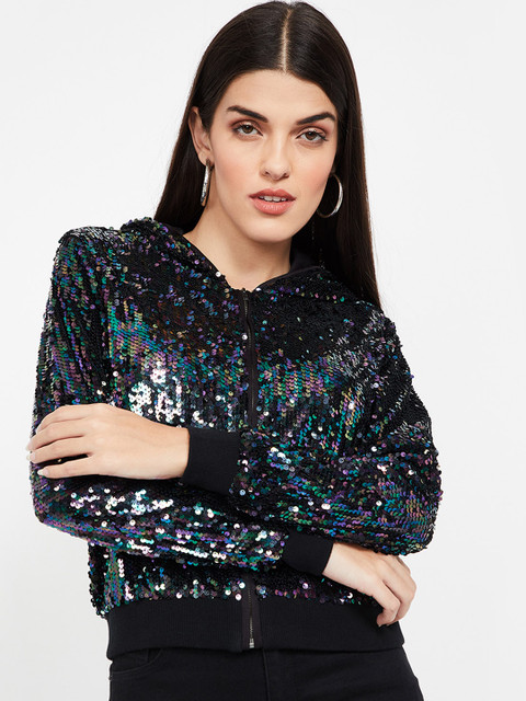 

Ginger by Lifestyle Women Black Embellished Hooded Sweatshirt