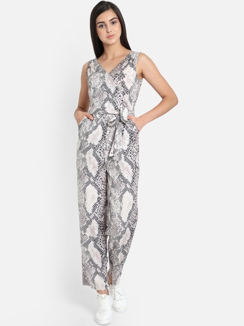 COVER STORY Women Off-White & Black Snake Skin Printed Basic Jumpsuit