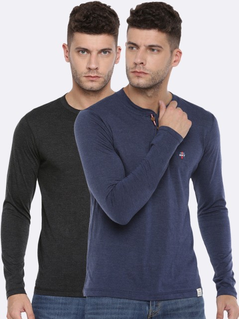 

Force NXT Men Pack of 2 Slim Fit Solid Henley Neck T-shirts, Black