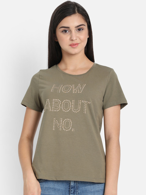 

COVER STORY Women Olive Grey Printed Round Neck T-shirt