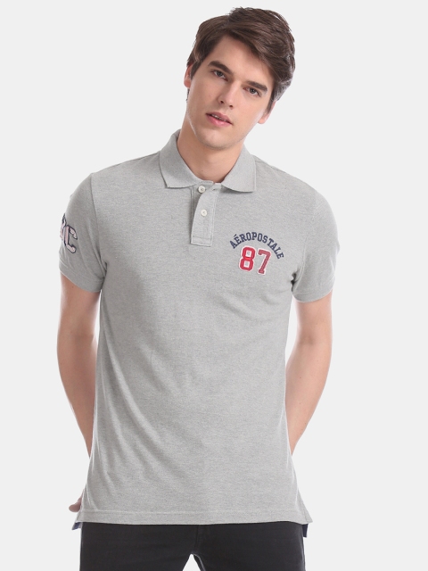 

Aeropostale Men Grey Solid Polo Collar Pure Cotton T-shirt