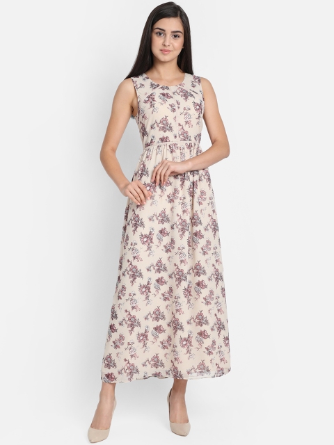 

COVER STORY Women Beige & Pink Floral Printed Fit and Flare Dress
