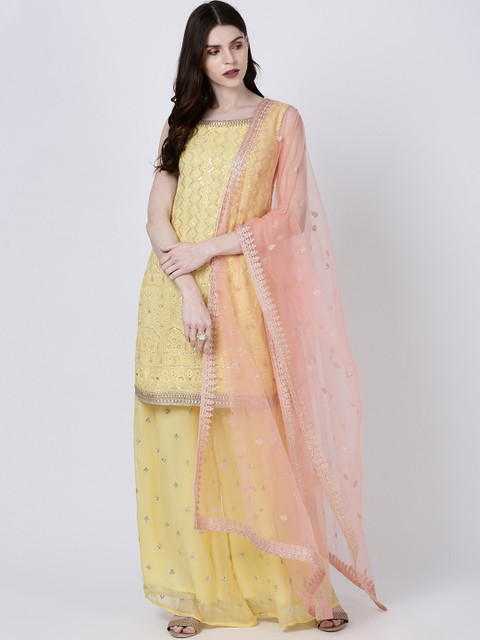 

Soch Women Yellow & Pink Embroidered Kurta with Palazzos & Dupatta