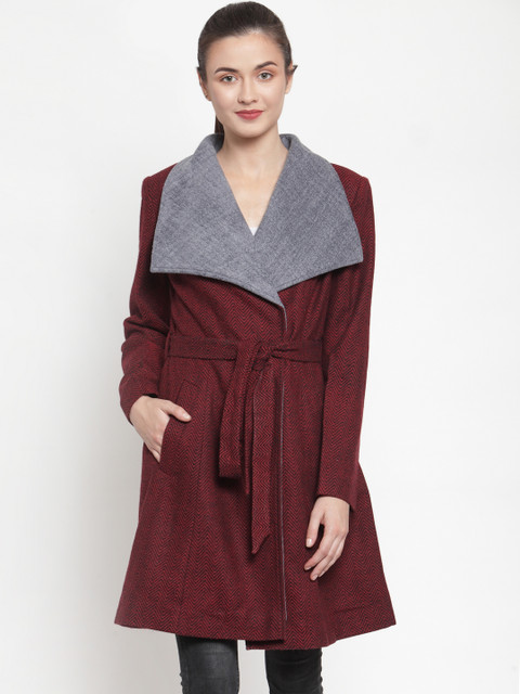 

Owncraft Women Maroon & Grey Herringbone Patterned Single-Breasted Overcoat With Belt Tie