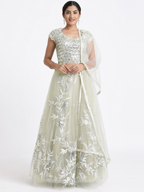 

Koskii Sea Green & Silver-Coloured Embellished Lehenga & Blouse with Dupatta