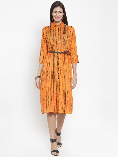 

Clora Creation Women Mustard Striped Shirt Tie & Dye Belted Dress