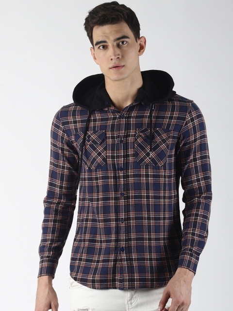 

Blue Saint Men Navy Blue & Brown Slim Fit Checked Casual Hooded Shirt