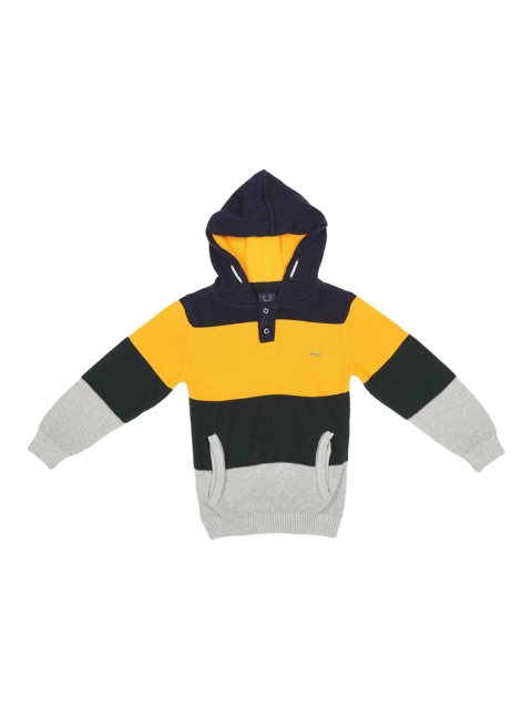 

Allen Solly Junior Boys Navy Blue & Yellow Colourblocked Hooded Sweater