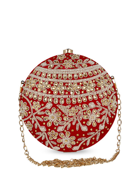 

Anekaant Red & Silver-Toned Embellished Box Clutch