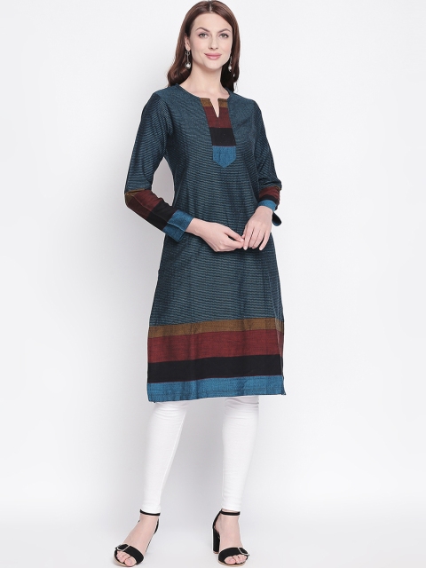 

RANGMANCH BY PANTALOONS Women Teal Blue Striped Straight Kurta