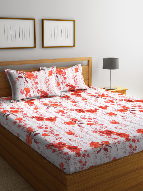 

BOMBAY DYEING Orange & White Floral 160 TC Cotton 1 King Bedsheet with 2 Pillow Covers
