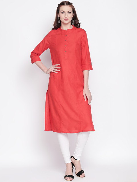 

RANGMANCH BY PANTALOONS Women Coral Red Solid Straight Kurta