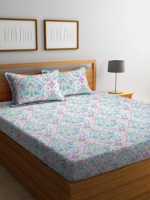 

BOMBAY DYEING Turquoise Blue & Pink Ethnic Motifs 160 TC Cotton 1 King Bedsheet with 2 Pillow Covers