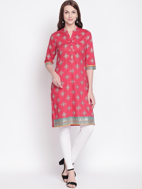 

RANGMANCH BY PANTALOONS Women Coral Pink & White Printed Straight Kurta