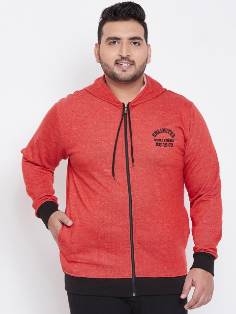 

bigbanana Plus Size Men Coral Red Solid Hooded Sweatshirt