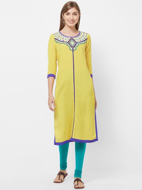 

Fusion Beats Women Yellow Embroidered Straight Kurta