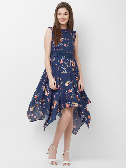 

109F Women Navy Blue & Pink Floral Printed Fit and Flare Dress