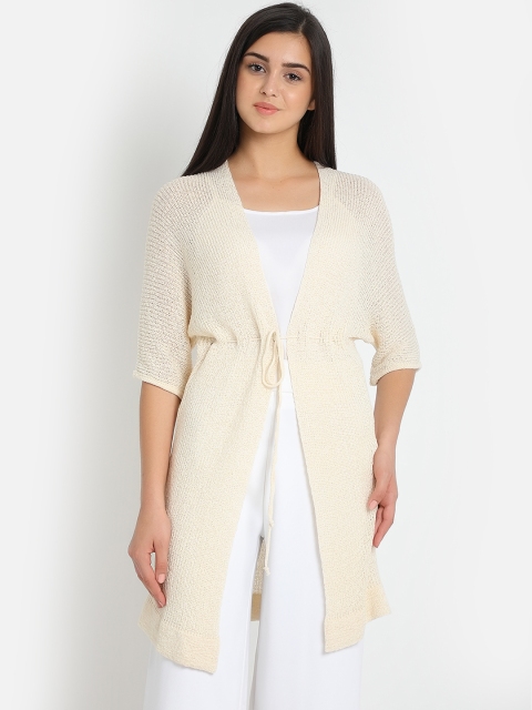 

COVER STORY Women Cream-Coloured Solid Tie-Up Shrug