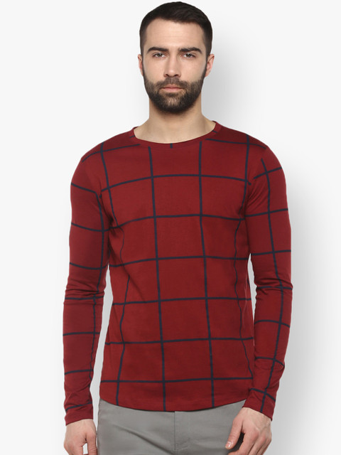 

Urbano Fashion Men Maroon Checked Round Neck Slim Fit T-shirt