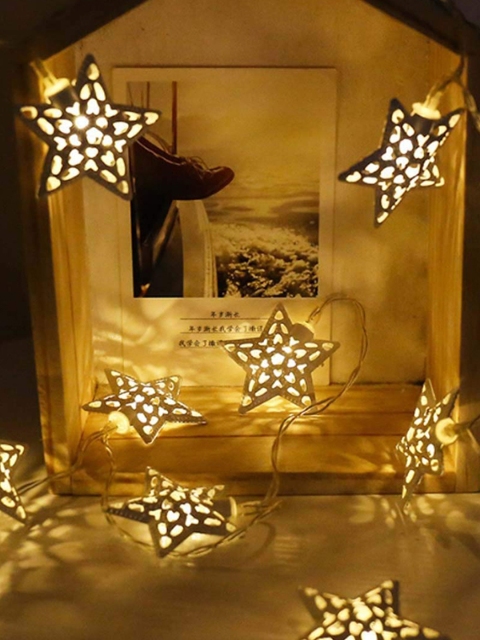 

TAYHAA Set of 2 LED Gold-Toned Textured Handcrafted Star-Shaped Wall or Ceiling String Lights