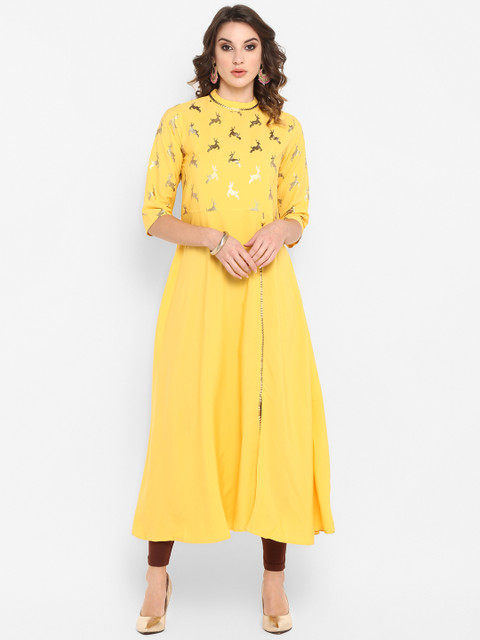 

Janasya Women Yellow Quirky Foil Printed A-Line Kurta