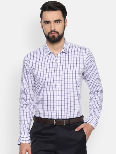 Van Heusen Men White & Blue Slim Fit Checked Formal Shirt