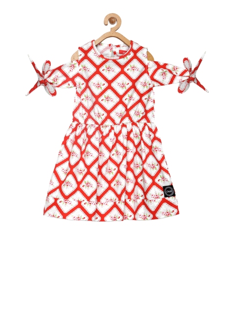 

Olele Girls Red & Off-White Floral Printed Fit and Flare Dress