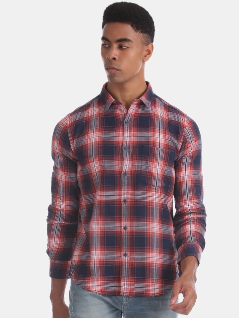 

Ed Hardy Men Navy Blue & Orange Slim Fit Checked Casual Shirt