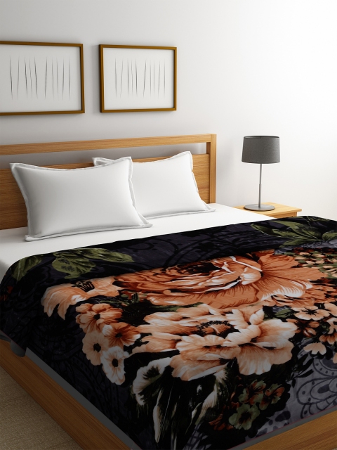 

BOMBAY DYEING Navy Blue & Orange Floral Heavy Winter 680 GSM Double Bed Blanket