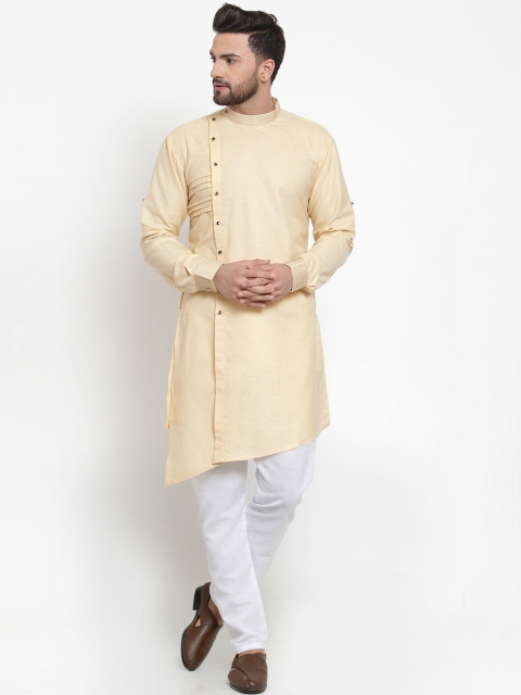 TREEMODA Men Beige & White Solid Linen Kurta with Pyjamas