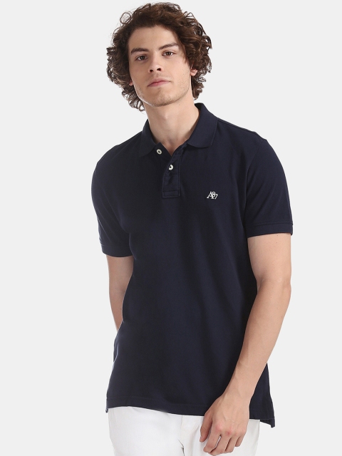 

Aeropostale Men Navy Blue Solid Polo Collar Pure Cotton T-shirt