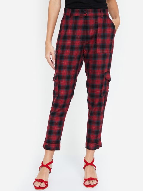

Ginger by Lifestyle Women Red Regular Fit Checked Cigarette Trousers