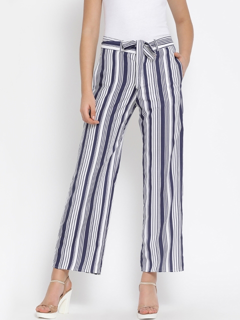 

Meee Women Navy Blue & White Straight Fit Striped Linen Parallel Trousers